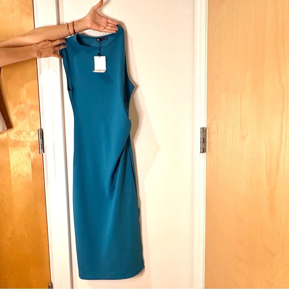 Zara midi asymmetric dress in turquoise color